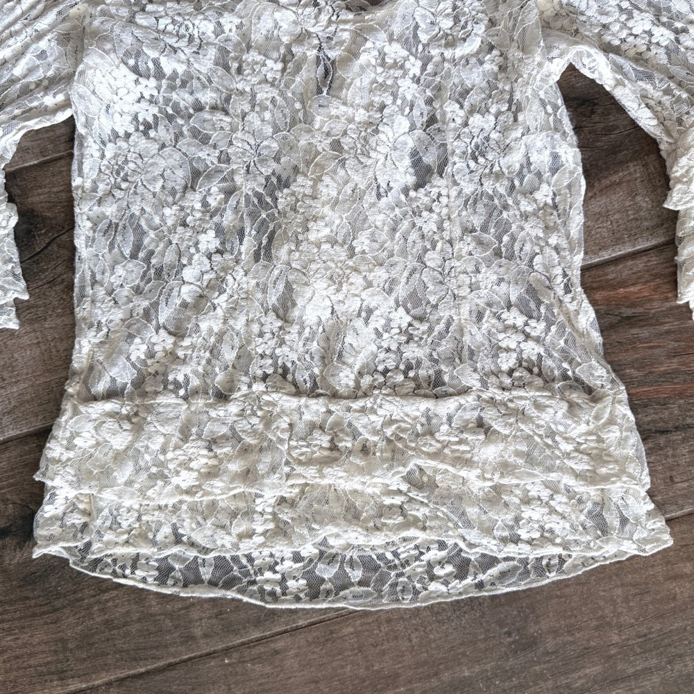 New York & Company Vintage Whimsigoth Tie Front Bell Sleeve Lace Blouse, Ivory,M - Picture 6 of 11